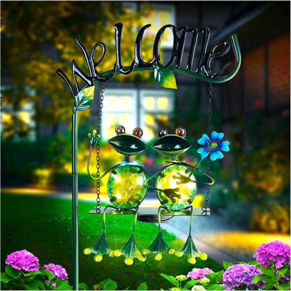 Outdoor Garden Solar Lights, Frog Swing Garden Decor, Stake with Welcome Sign